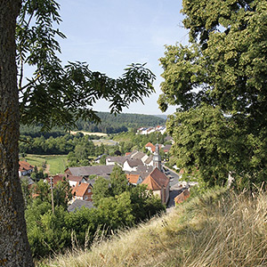 Burgruine Schweinberg und der Ortskern von Schweinberg