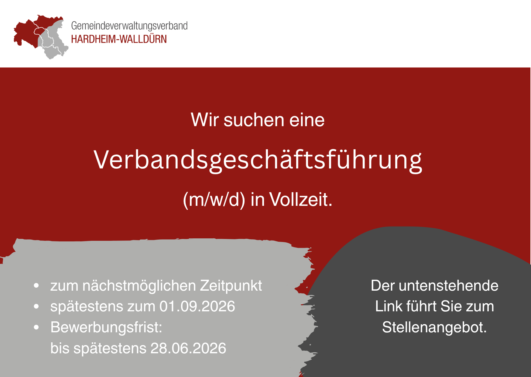 Stellenangebot:Wir suchen eine Verbandsgeschäftsführung (m/w/d) in Vollzeit.Verweis auf den Link unterhalb des Bildes zum ausführlichen Stellenagebot.