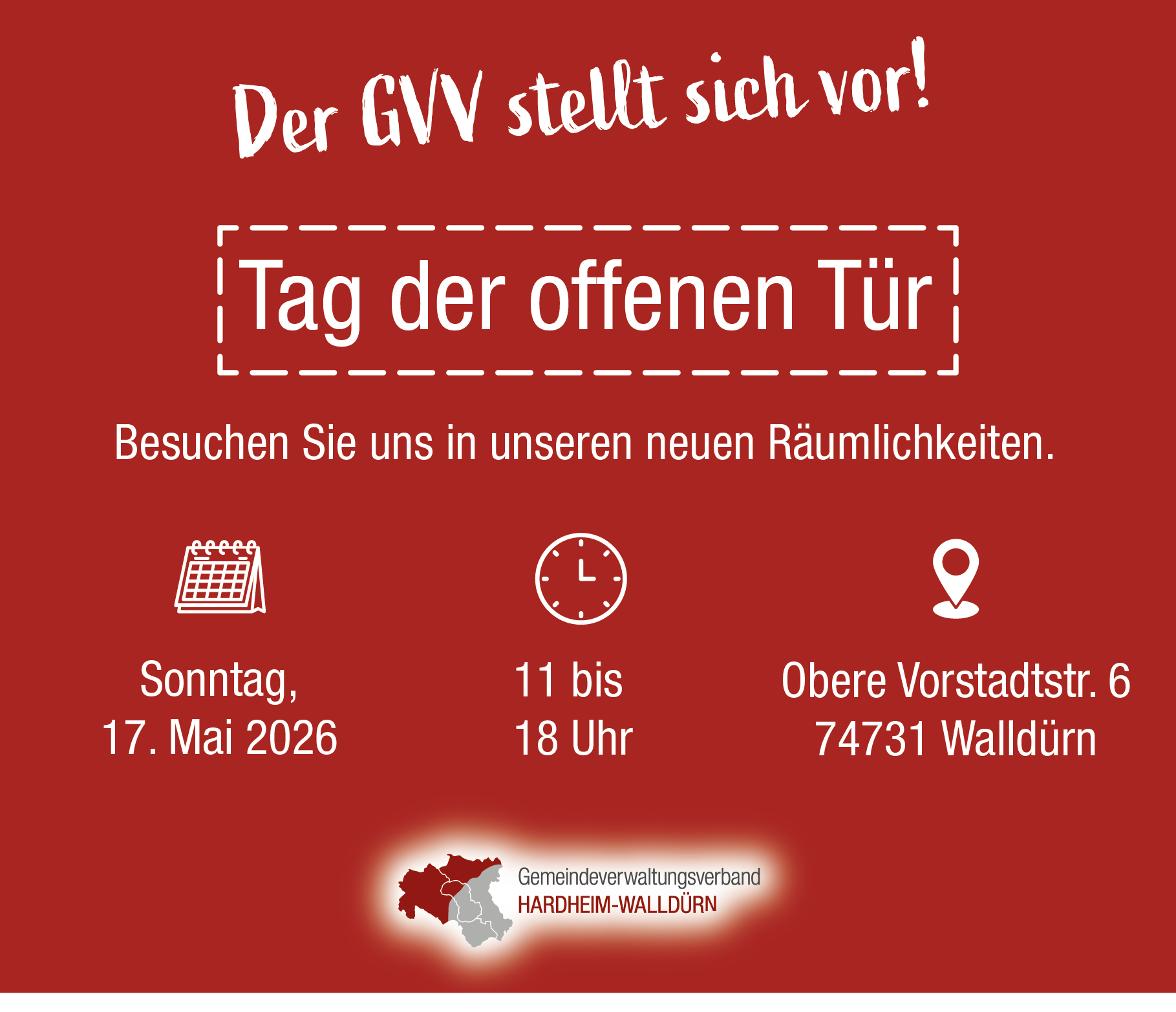 Der GVV stell sich vor! Tag der offenen T&uuml;rBesuchen Sie uns in unseren neuen R&auml;umlichkeiten.Sonntag, 17. Mai 2026, 11 bis 18 Uhr, Obere Vorstadtstra&szlig;e 6 in Walld&uuml;rn.